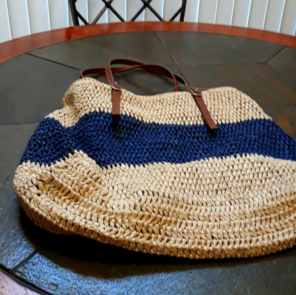 Ello Blue and Tan straw purse